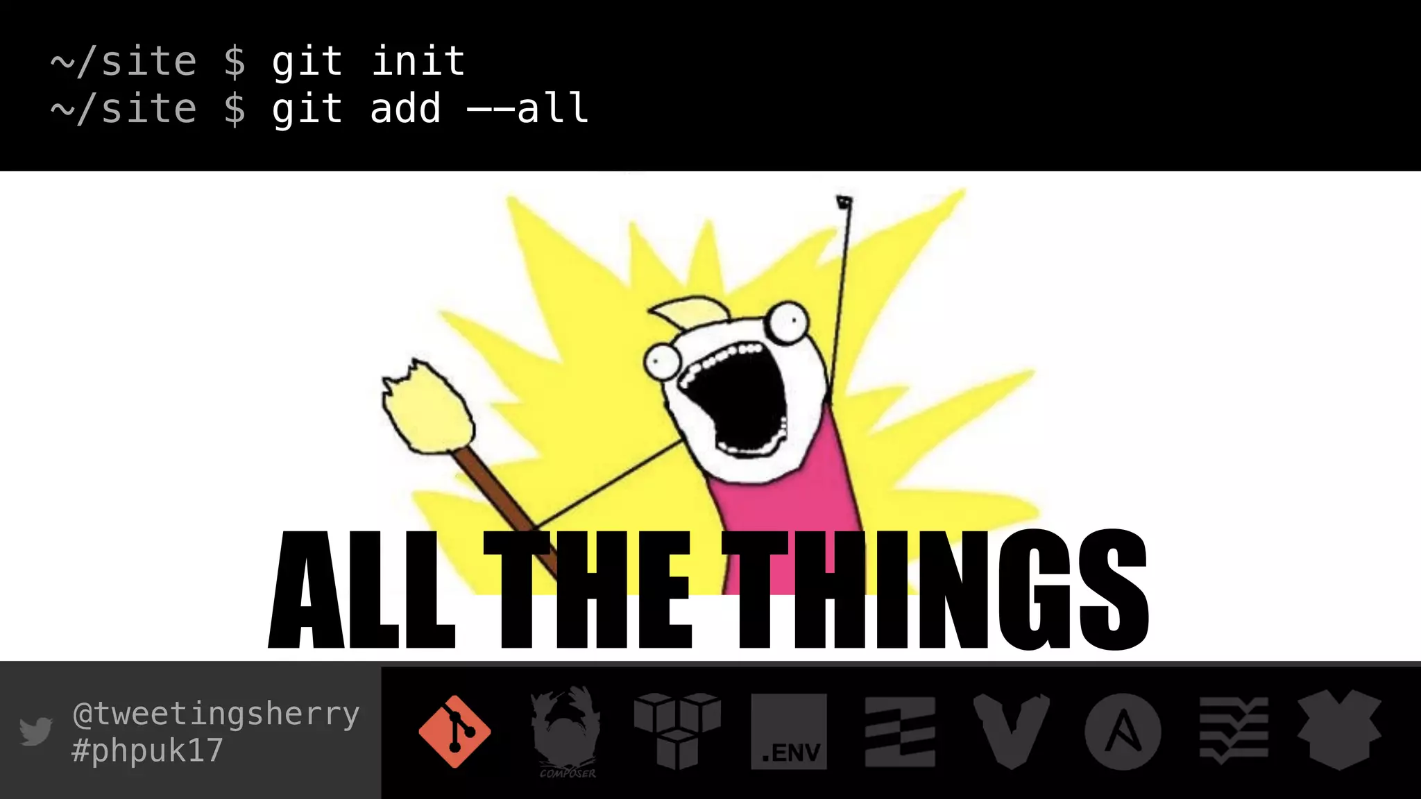 @tweetingsherry
#phpuk17
ALL THE THINGS
~/site $ git init
~/site $ git add —-all
 