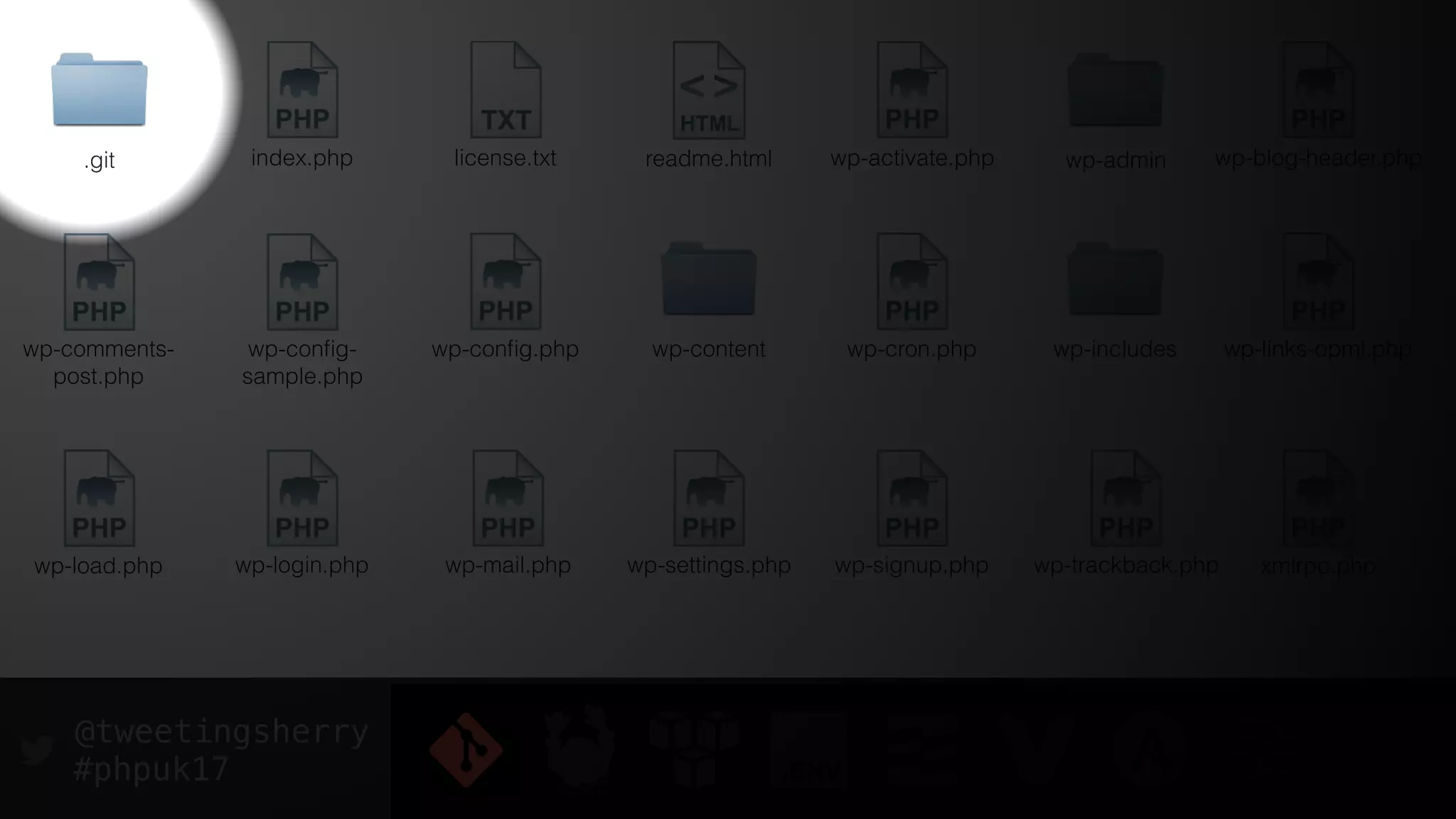 @tweetingsherry
#phpuk17
.git index.php readme.htmllicense.txt wp-activate.php wp-admin wp-blog-header.php
wp-comments-
post.php
wp-conﬁg-
sample.php
wp-conﬁg.php wp-content wp-cron.php wp-includes wp-links-opml.php
wp-load.php wp-login.php wp-mail.php wp-settings.php wp-signup.php wp-trackback.php xmlrpc.php
 