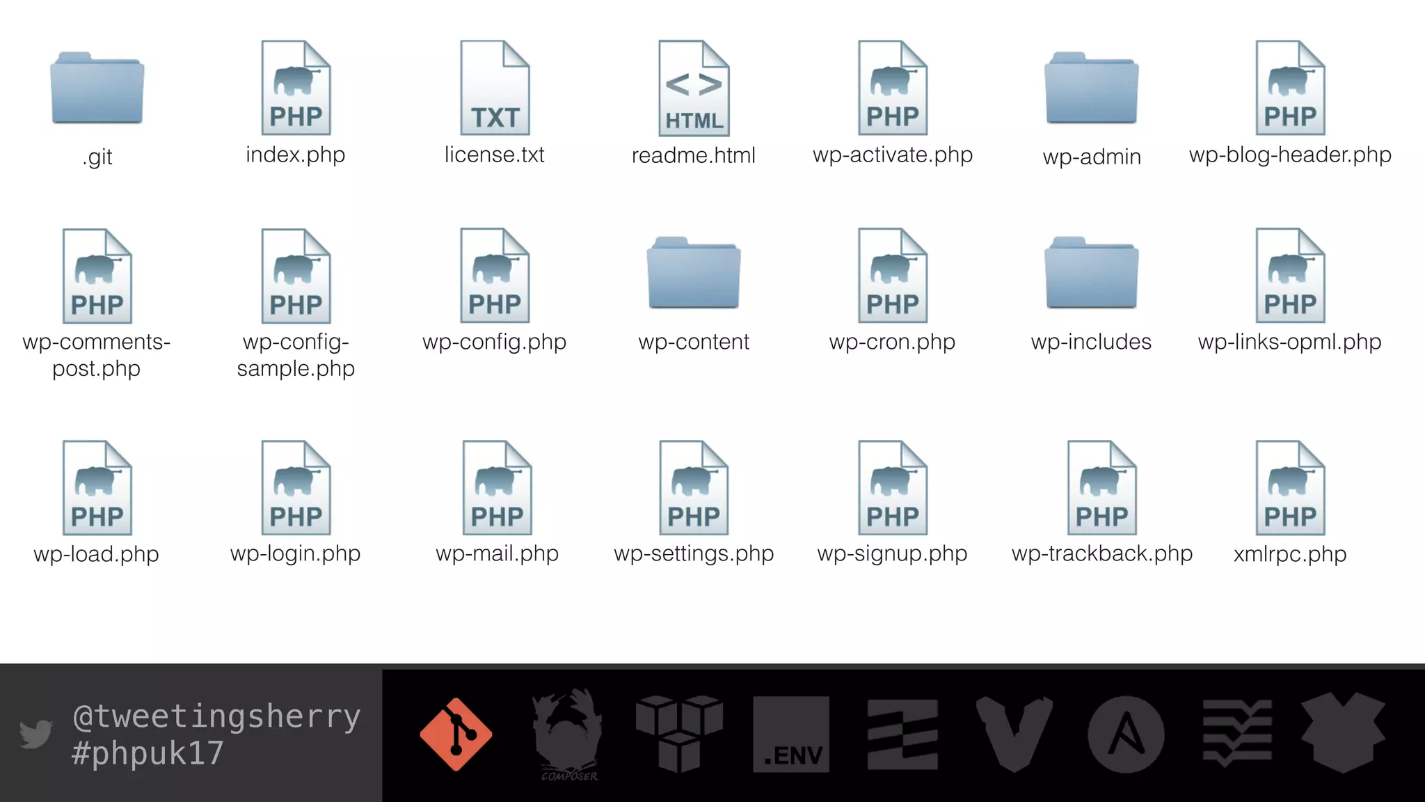 @tweetingsherry
#phpuk17
.git index.php
wp-conﬁg.php
readme.htmllicense.txt wp-activate.php wp-admin wp-blog-header.php
wp-comments-
post.php
wp-conﬁg-
sample.php
wp-content wp-cron.php wp-includes wp-links-opml.php
wp-load.php wp-login.php wp-mail.php wp-settings.php wp-signup.php wp-trackback.php xmlrpc.php
 