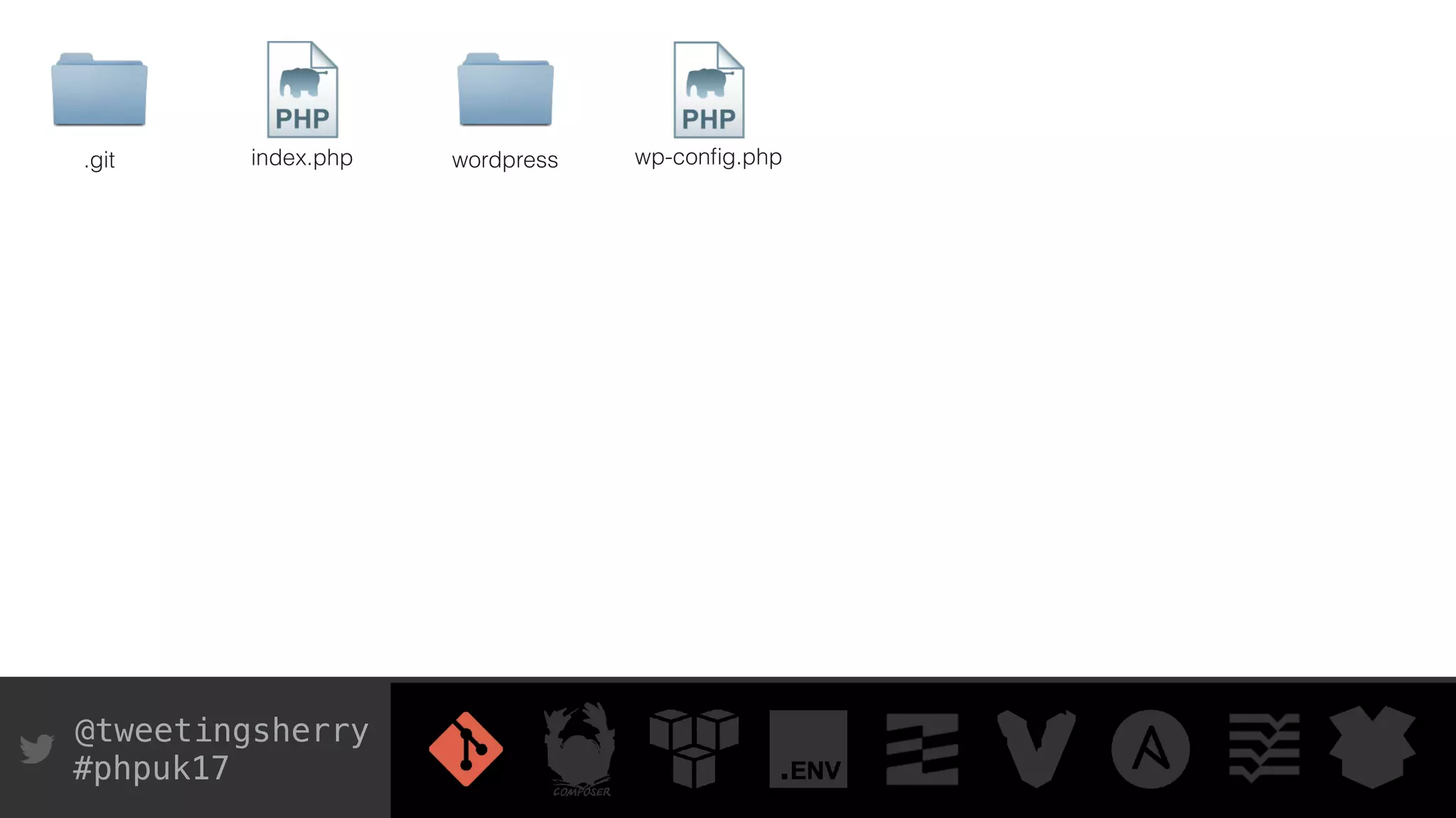 @tweetingsherry
#phpuk17
.git index.php wp-conﬁg.phpwordpress
 