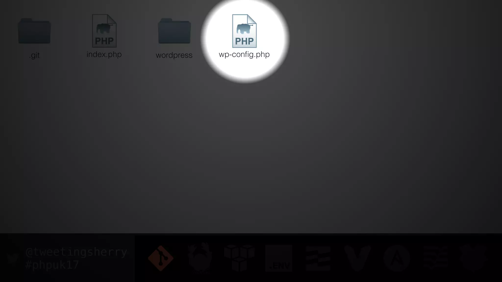@tweetingsherry
#phpuk17
.git index.php wp-conﬁg.phpwordpress
 