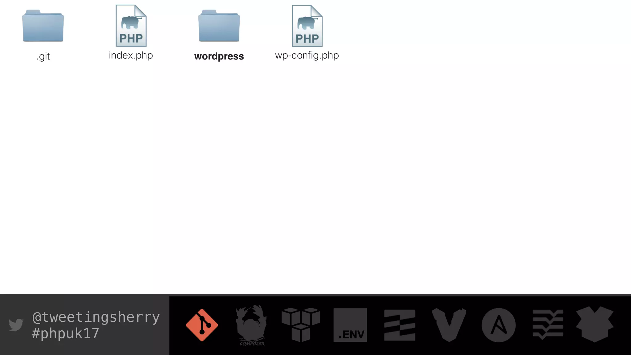 @tweetingsherry
#phpuk17
.git index.php wp-conﬁg.phpwordpress
 