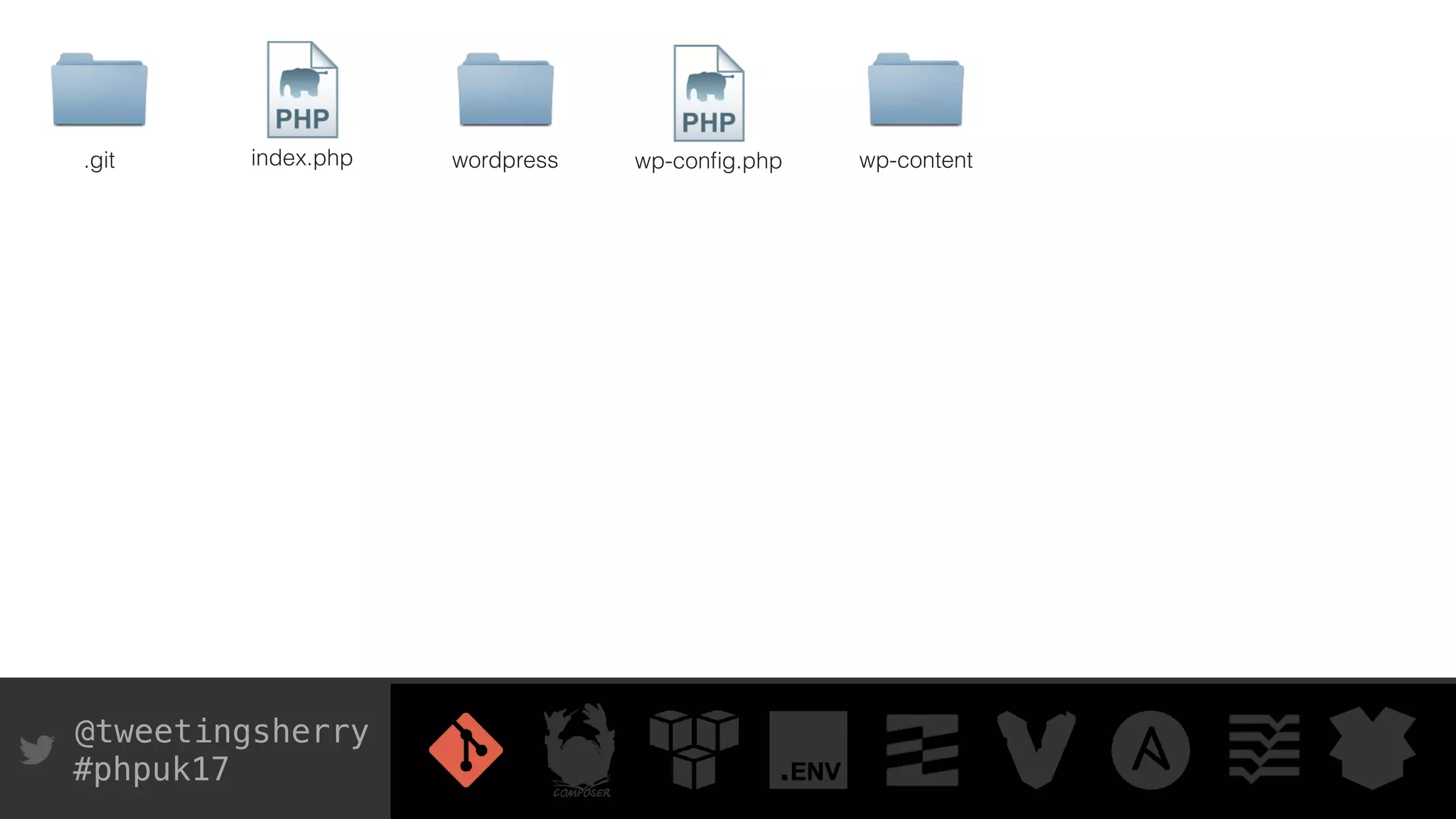 @tweetingsherry
#phpuk17
.git index.php wp-conﬁg.phpwordpress wp-content
 