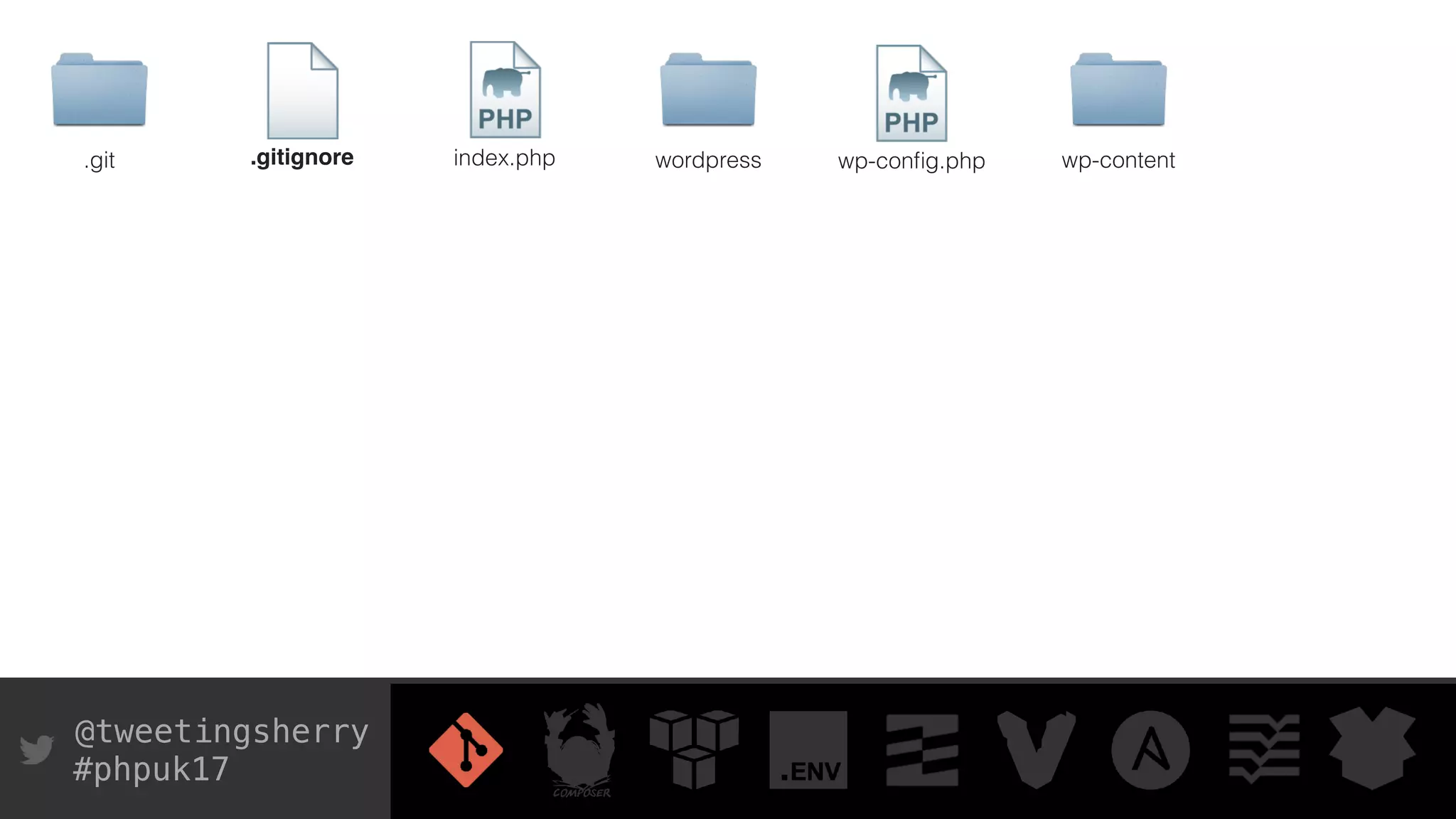 @tweetingsherry
#phpuk17
.git index.php wp-conﬁg.phpwordpress wp-content.gitignore
 