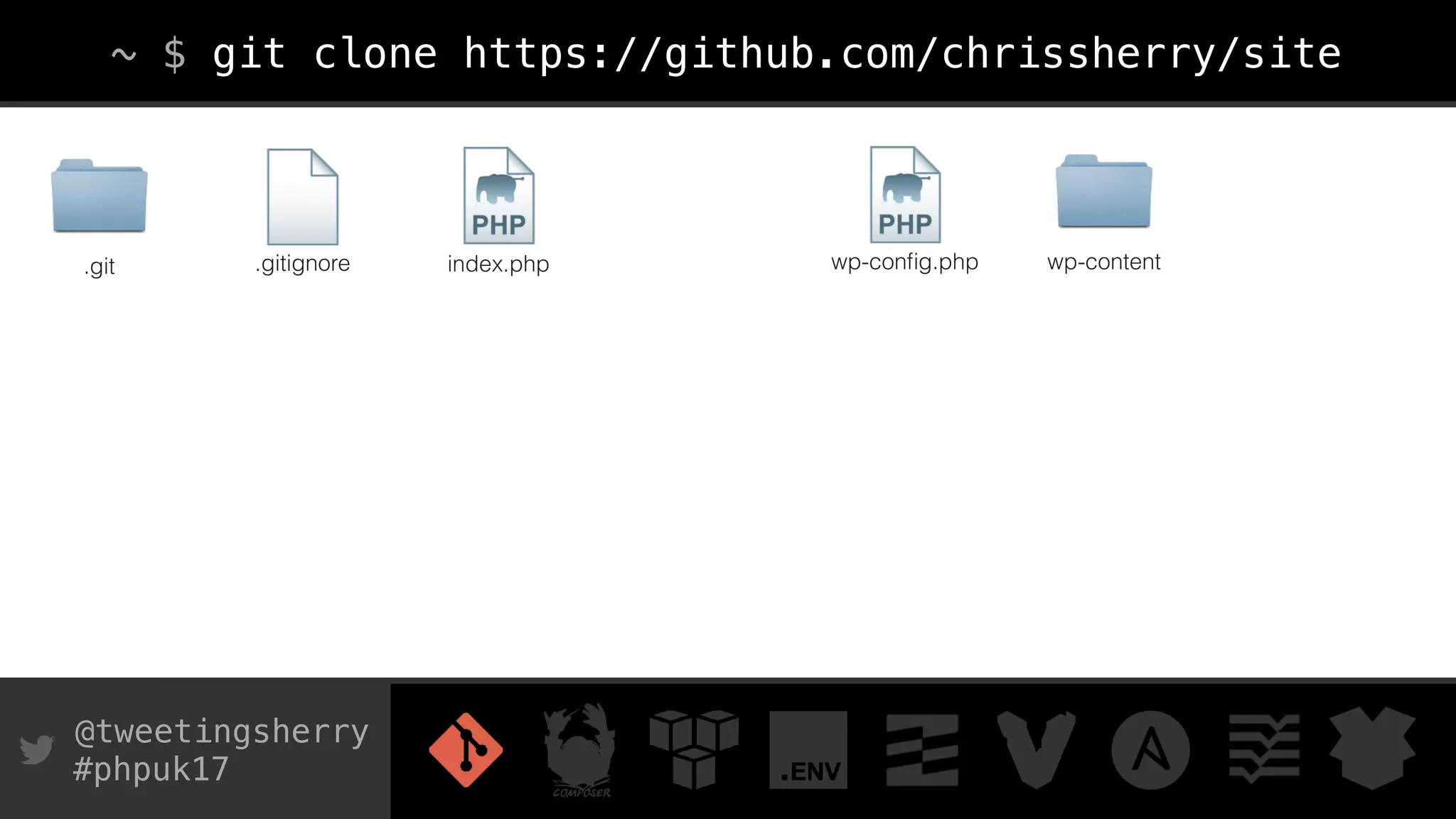 @tweetingsherry
#phpuk17
~ $ git clone https://github.com/chrissherry/site
.git index.php wp-conﬁg.php wp-content.gitignore
 