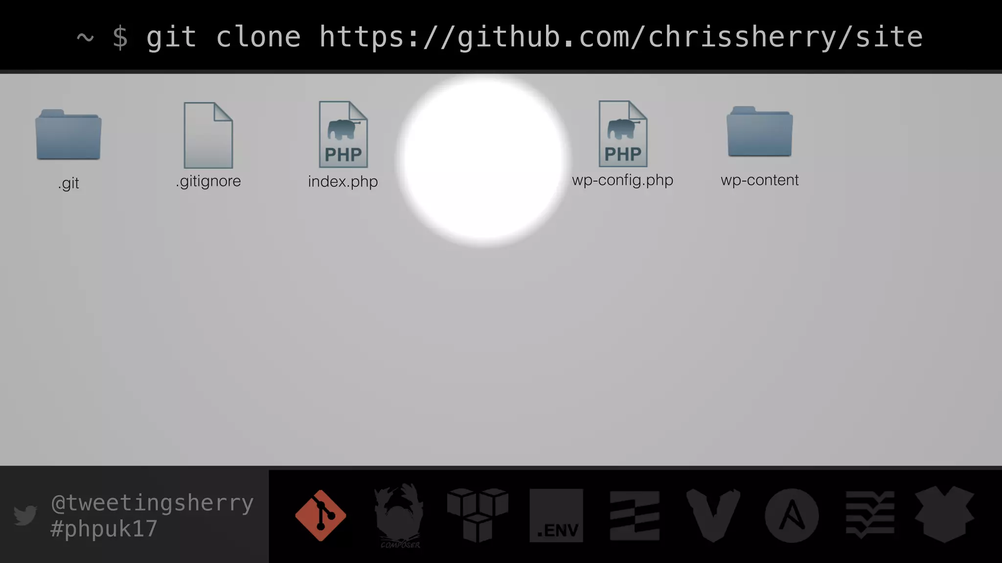 @tweetingsherry
#phpuk17
~ $ git clone https://github.com/chrissherry/site
.git index.php wp-conﬁg.php wp-content.gitignore
 