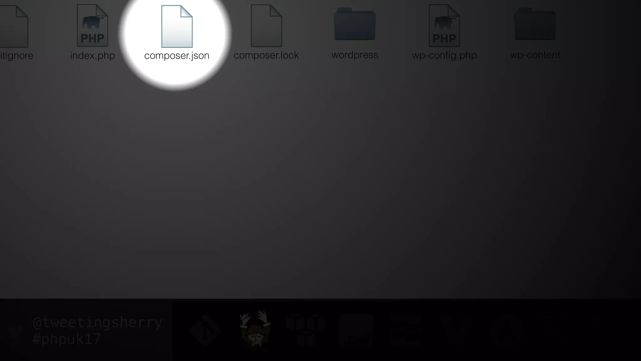 @tweetingsherry
#phpuk17
index.php wp-conﬁg.phpwordpress wp-contentcomposer.json composer.lockgitignore
 