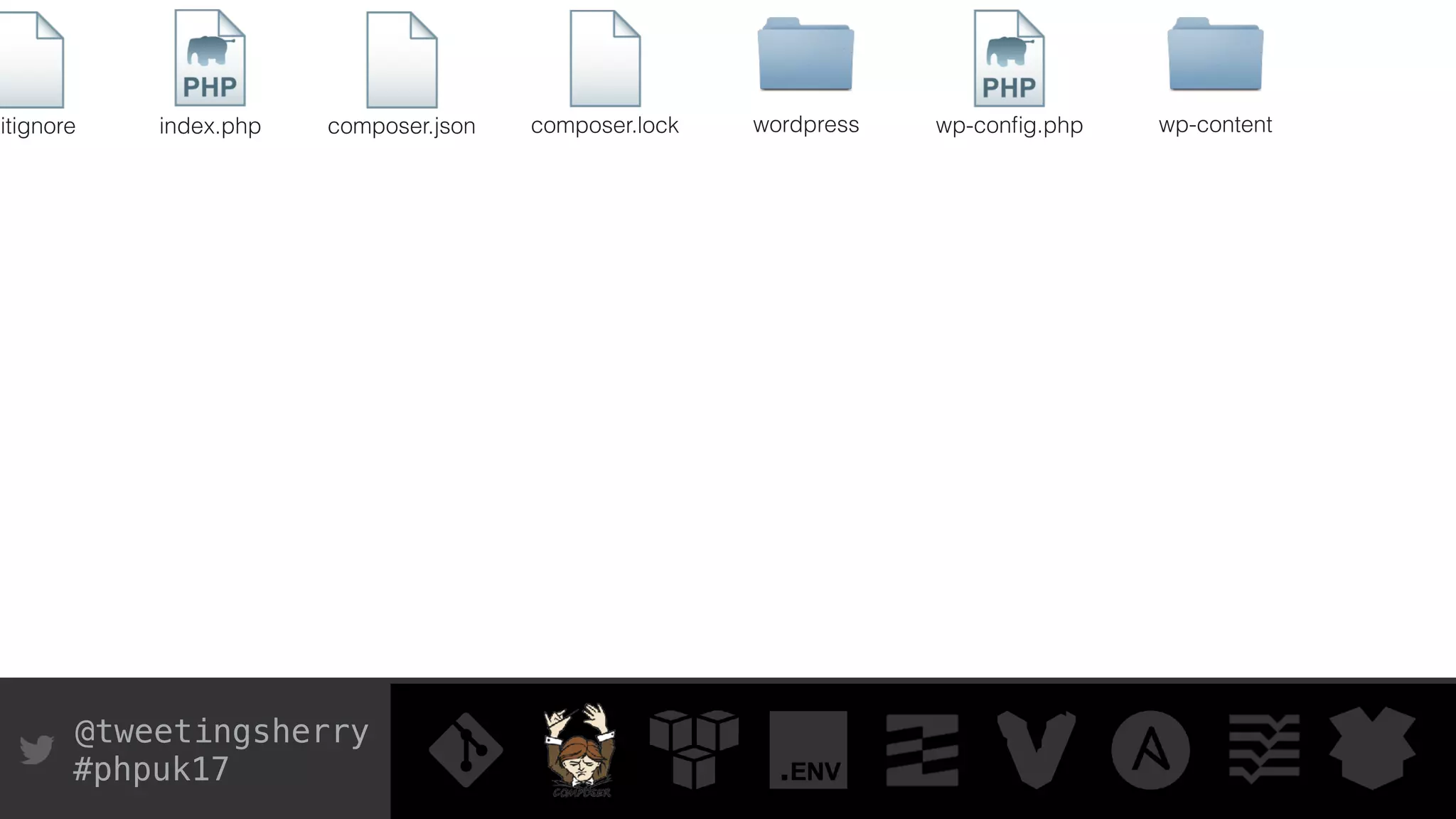 @tweetingsherry
#phpuk17
index.php wp-conﬁg.phpwordpress wp-contentcomposer.json composer.lockgitignore
 