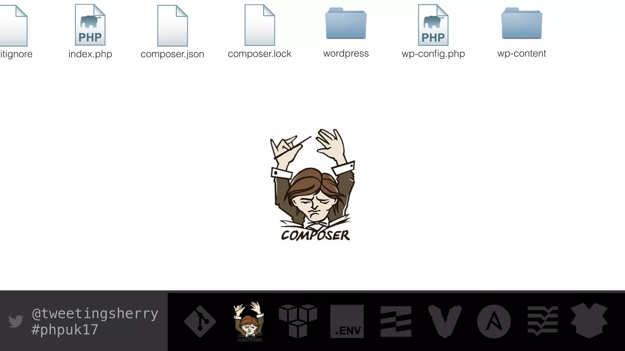 @tweetingsherry
#phpuk17
index.php wp-conﬁg.phpwordpress wp-contentcomposer.json composer.lockgitignore
 
