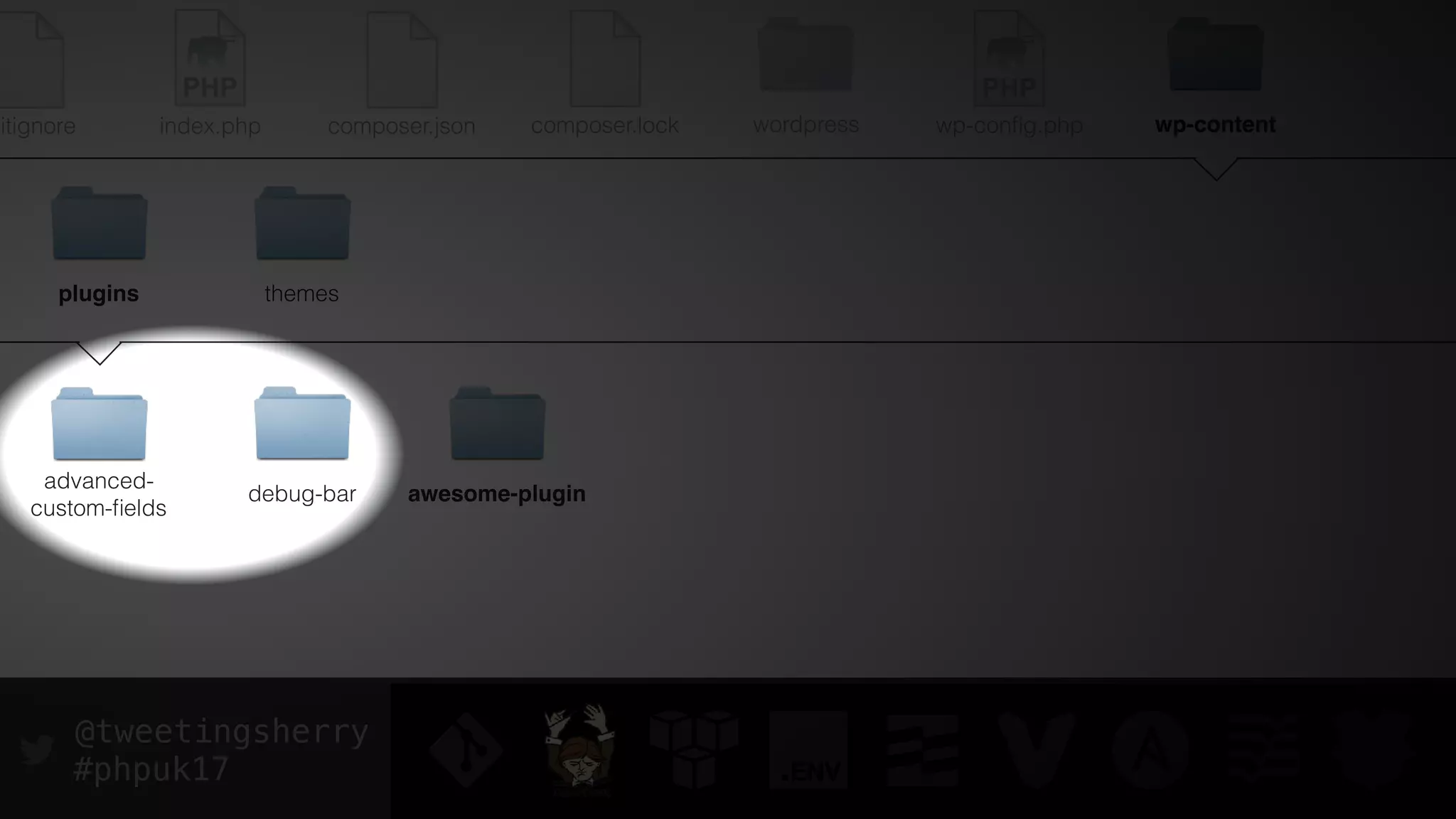 @tweetingsherry
#phpuk17
index.php wp-conﬁg.phpwordpress wp-content
plugins themes
advanced-
custom-ﬁelds
composer.json composer.lockgitignore
awesome-plugindebug-bar
 