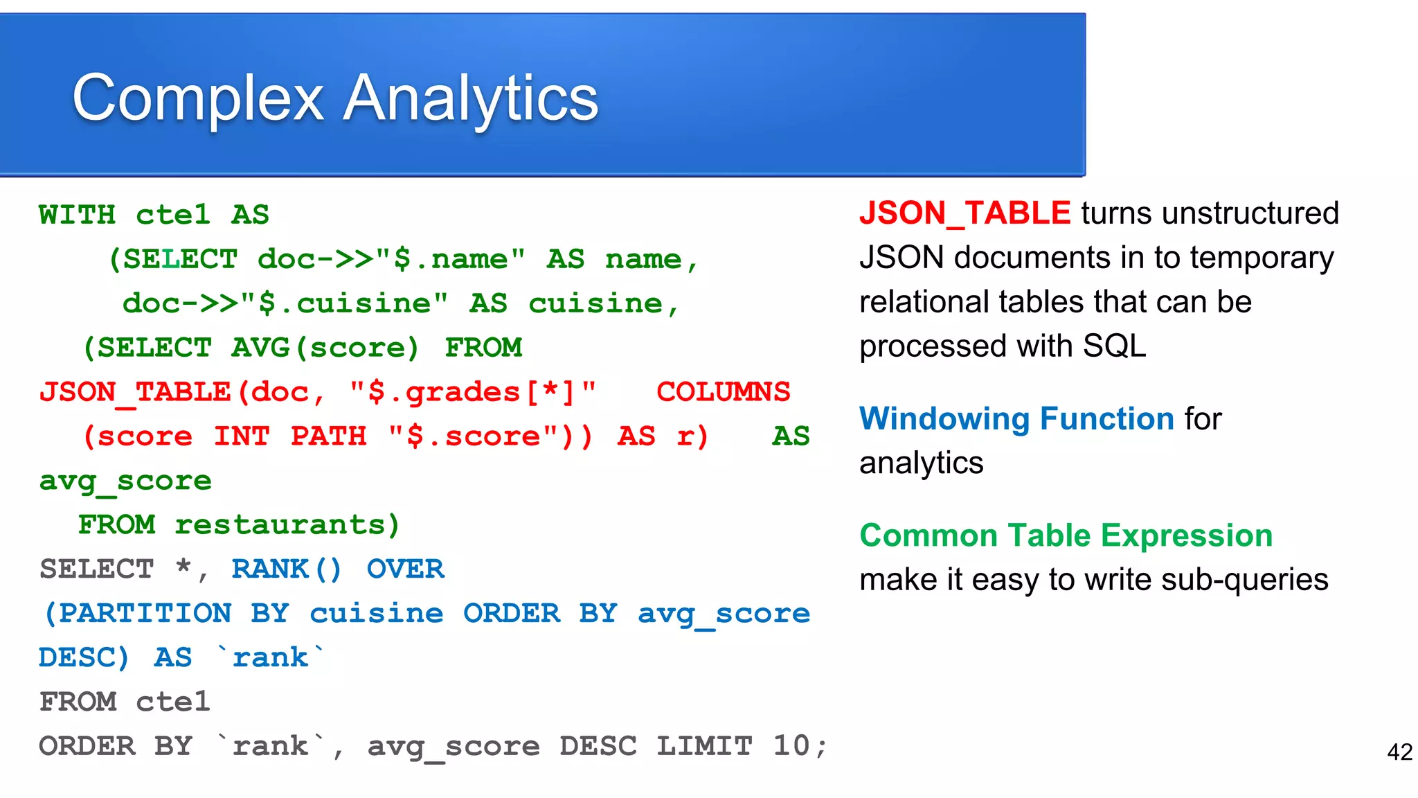 42
Complex Analytics
WITH cte1 AS
(SELECT doc->>"$.name" AS name,
doc->>"$.cuisine" AS cuisine,
(SELECT AVG(score) FROM
JSON_TABLE(doc, "$.grades[*]" COLUMNS
(score INT PATH "$.score")) AS r) AS
avg_score
FROM restaurants)
SELECT *, RANK() OVER
(PARTITION BY cuisine ORDER BY avg_score
DESC) AS `rank`
FROM cte1
ORDER BY `rank`, avg_score DESC LIMIT 10;
JSON_TABLE turns unstructured
JSON documents in to temporary
relational tables that can be
processed with SQL
Windowing Function for
analytics
Common Table Expression
make it easy to write sub-queries
 