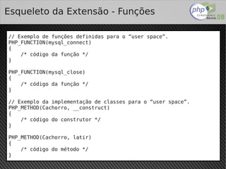 Esqueleto da Extensão - Funções

// Exemplo de funções definidas para o “user space”.
PHP_FUNCTION(mysql_connect)
{
    /* código da função */
}

PHP_FUNCTION(mysql_close)
{
    /* código da função */
}

// Exemplo da implementação de classes para o “user space”.
PHP_METHOD(Cachorro, __construct)
{
    /* código do construtor */
}

PHP_METHOD(Cachorro, latir)
{
    /* código do método */
}                                 
 