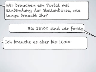 Wir brauchen ein Portal mit
Einbindung der Stellenbörse, wie
lange braucht Ihr?


          Bis 18:00 sind wir fertig


Ich brauche es aber bis 16:00
 
