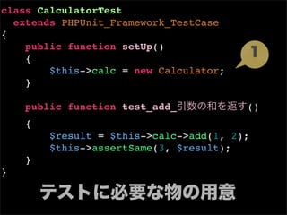 class CalculatorTest
  extends PHPUnit_Framework_TestCase
{
    public function setUp()
    {
        $this->calc = new Calculator;
    }

    public function test_add_           ()
    {
        $result = $this->calc->add(1, 2);
        $this->assertSame(3, $result);
    }
}
 