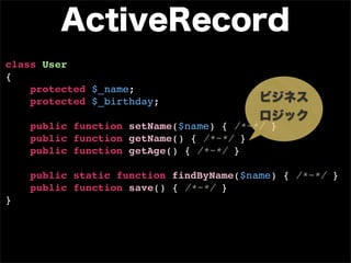 class User
{
    protected $_name;
    protected $_birthday;

    public function setName($name) { /*~*/ }
    public function getName() { /*~*/ }
    public function getAge() { /*~*/ }

    public static function findByName($name) { /*~*/ }
    public function save() { /*~*/ }
}
 