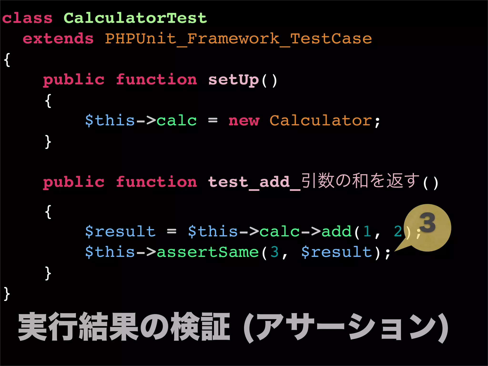 class CalculatorTest
  extends PHPUnit_Framework_TestCase
{
    public function setUp()
    {
        $this->calc = new Calculator;
    }

    public function test_add_引数の和を返す()
    {
                                        3
        $result = $this->calc->add(1, 2);
        $this->assertSame(3, $result);
    }
}

 実行結果の検証 (アサーション)
 