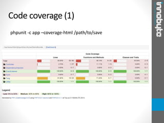 phpunit -c app –coverage-html /path/to/save
Code coverage (1)
 