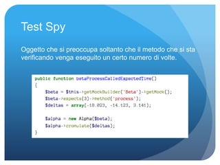 Test Spy 
Oggetto che si preoccupa soltanto che il metodo che si sta 
verificando venga eseguito un certo numero di volte. 
 