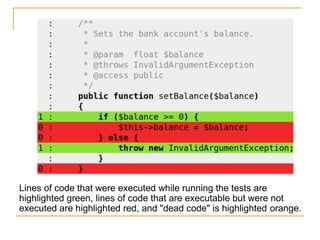 Lines of code that were executed while running the tests are
highlighted green, lines of code that are executable but were not
executed are highlighted red, and "dead code" is highlighted orange.
 