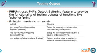 Testing Output
• PHPUnit uses PHP's Output Buffering feature to provide
the functionality of testing outputs of functions like
‘echo’ or ‘print’
• Following methods are used:
Method Meaning
void expectOutputRegex(string
$regularExpression)
Set up the expectation that the output
matches a$regularExpression.
void expectOutputString(string
$expectedString)
Set up the expectation that the output is
equal to an$expectedString.
bool setOutputCallback(callable $callback) Sets up a callback that is used to, for
instance, normalize the actual output.
 