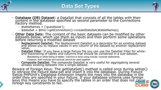 Data Set Types
• Database (DB) Dataset: a DataSet that consists of all the tables with their
content in the database specified as second parameter to the Connections
Factory method.
› $tableNames = ['guestbook'];
› $dataSet = $this->getConnection()->createDataSet($tableNames);
• Other Data Sets: The content of the basic datasets can be modified by other
datasets below, which use them as inputs and then perform some operations
before returning a modified dataset
› Replacement DataSet: The Replacement DataSet is a decorator for an existing dataset
and allows you to replace values in any column of the dataset by another replacement
value.
› DataSet Filter: If you have a large fixture file you can use the DataSet Filter for white-
and blacklisting of tables and columns that should be contained in a sub-dataset.
◦ Blacklisting or white listing of tables / columns is done using include / exclude statements.
◦ However, both exclude and exclude cannot be used together
› Composite DataSet: The composite DataSet is very useful for aggregating several
already existing datasets into a single dataset.
Beware of Foreign Keys: The getDataSet() method is called once during setUp()
to retrieve the fixture data-set and insert it into the database. During Fixture
SetUp PHPUnit's Database Extension inserts the rows into the database in the
order they are specified in your fixture. If your database schema uses foreign
keys this means you have to specify the tables in an order that does not cause
foreign key constraints to fail.
 