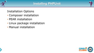 Installing PHPUnit
Installation Options
• Composer installation
• PEAR installation
• Linux package installation
• Manual installation
 