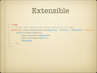 Extensible
1   <?php
2   // Create new assertions using the built-in ones.
3   function assertJsonEquals($expected, $result, $message = null) {
4       $this->assertEquals(
5           json_encode($expected),
6           json_encode($result),
7           $message
8       );
9   }
 