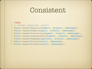 Consistent
1   <?php
2   // Always expected, result
3   $this->assertEquals($expect, $result, $message);
4   $this->assertSame($expect, $result, $message);
5   $this->assertContains($expect, $result, $message);
6   $this->assertInstanceOf($expect, $result, $message);
7   $this->assertRegExp($pattern, $result, $message);
8   $this->assertTrue($result, $message);
9   $this->assertFalse($result, $message);
 