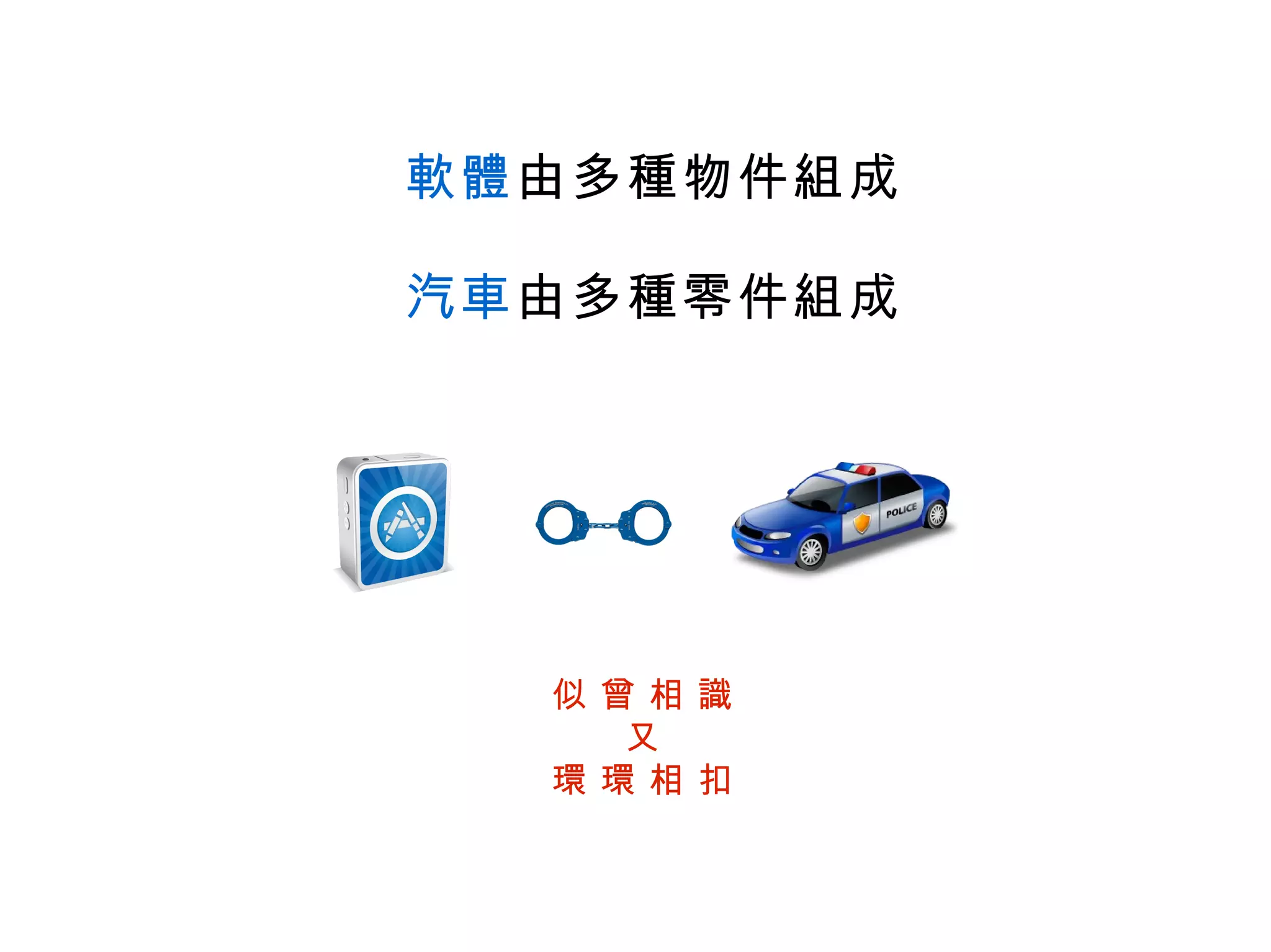 軟體由多種物件組成

汽車由多種零件組成




  似曾相識
    又
  環環相扣
 