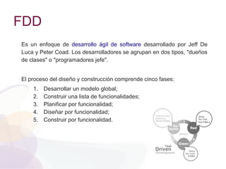 FDD
Es un enfoque de desarrollo ágil de software desarrollado por Jeff De
Luca y Peter Coad. Los desarrolladores se agrupan en dos tipos, "dueños
de clases" o "programadores jefe".
El proceso del diseño y construcción comprende cinco fases:
1. Desarrollar un modelo global;
2. Construir una lista de funcionalidades;
3. Planificar por funcionalidad;
4. Diseñar por funcionalidad;
5. Construir por funcionalidad.
 