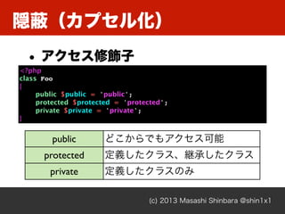隠蔽（カプセル化）
(c) 2013 Masashi Shinbara @shin1x1
• アクセス修飾子
<?php
class Foo
{
public $public = 'public';
protected $protected = 'protected';
private $private = 'private';
}
public どこからでもアクセス可能
protected 定義したクラス、継承したクラス
private 定義したクラスのみ
 