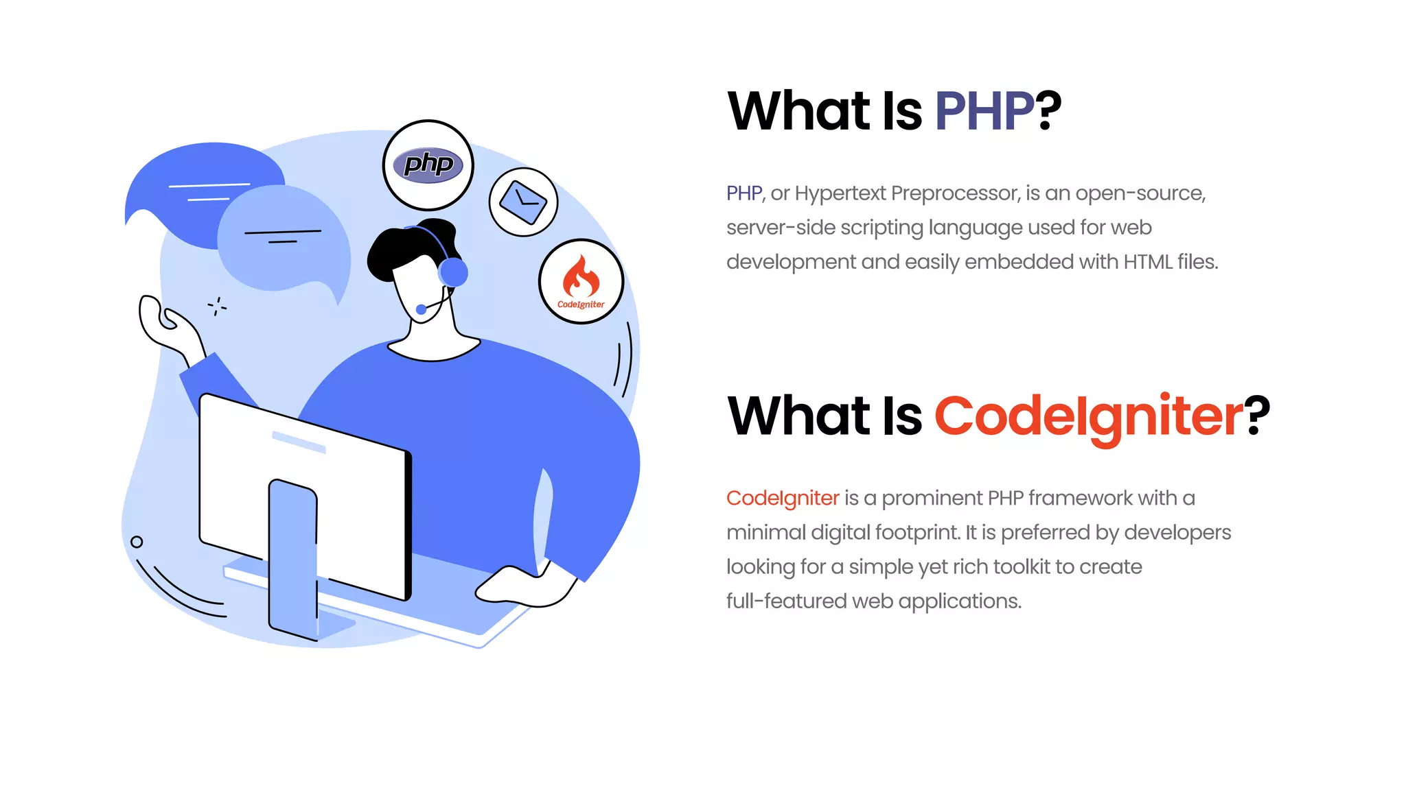 What Is PHP? What Is CodeIgniter? PHP, or Hypertext Preprocessor, is an open-source, server-side scripting language used for web development and easily embedded with HTML files. CodeIgniter is a prominent PHP framework with a minimal digital footprint. It is preferred by developers looking for a simple yet rich toolkit to create full-featured web applications. 