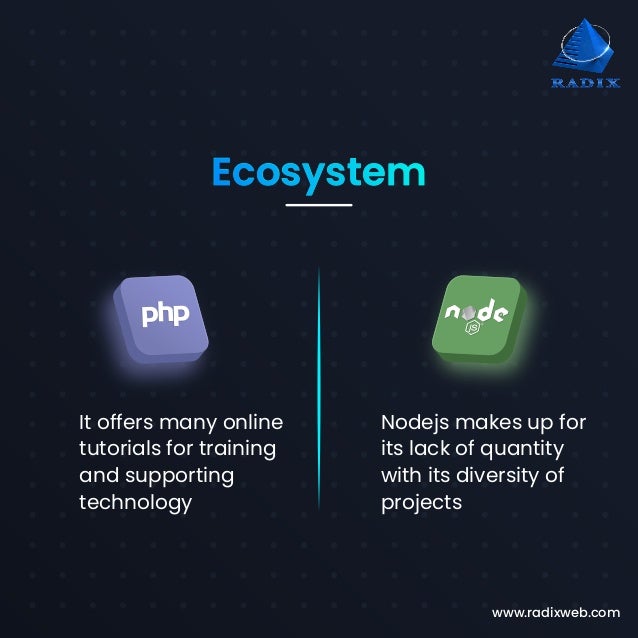 www.radixweb.com It offers many online tutorials for training and supporting technology Nodejs makes up for its lack of quantity with its diversity of projects Ecosystem