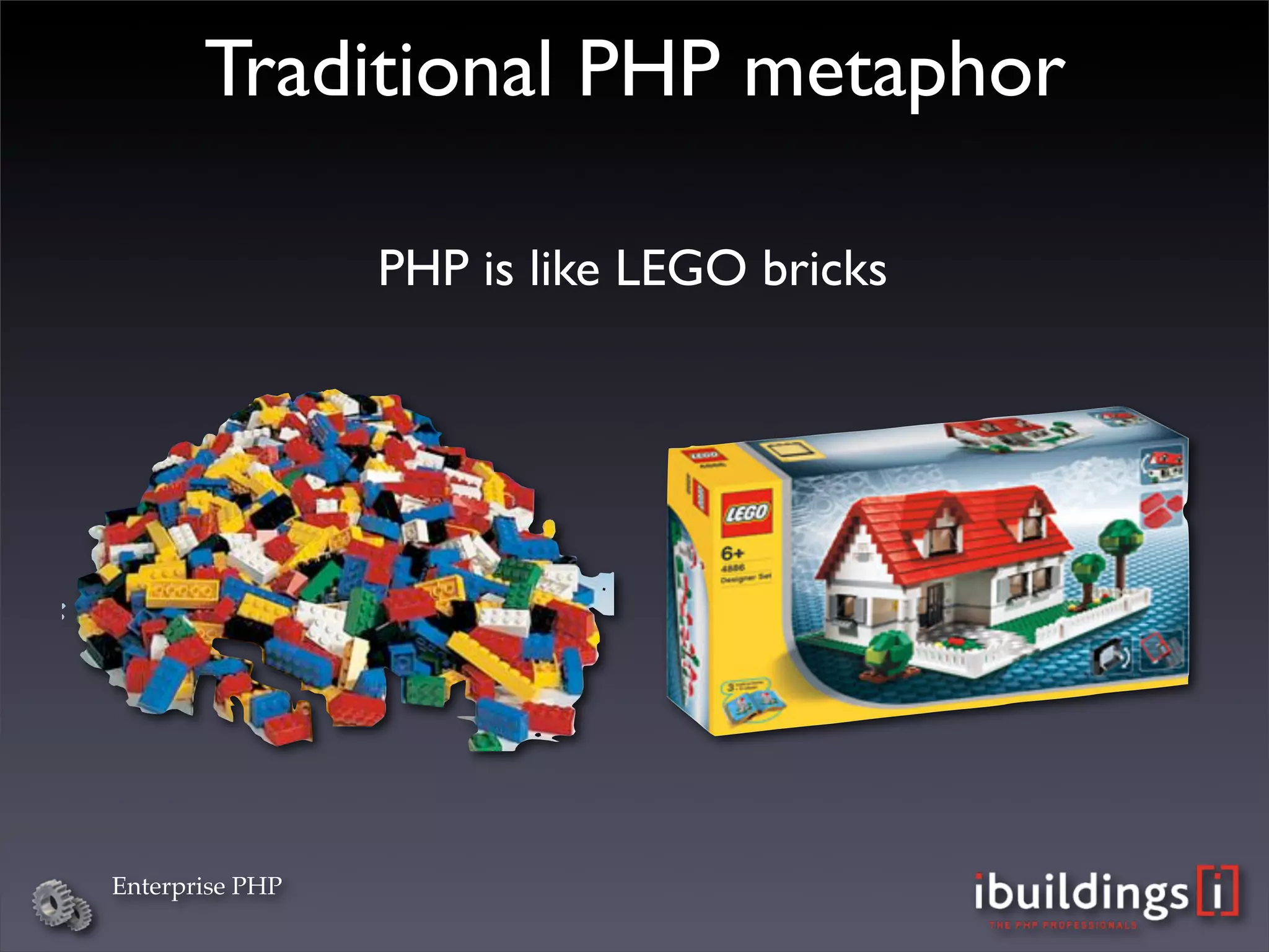 Traditional PHP metaphor

                 PHP is like LEGO bricks




Enterprise PHP
 