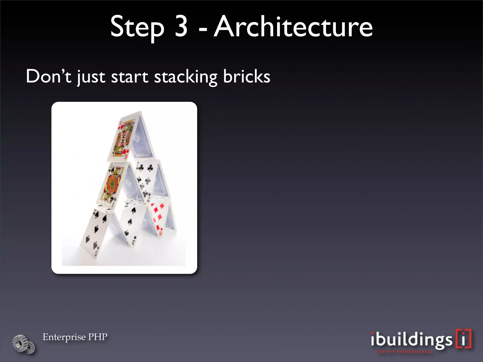 Step 3 - Architecture
Don’t just start stacking bricks




  Enterprise PHP
 
