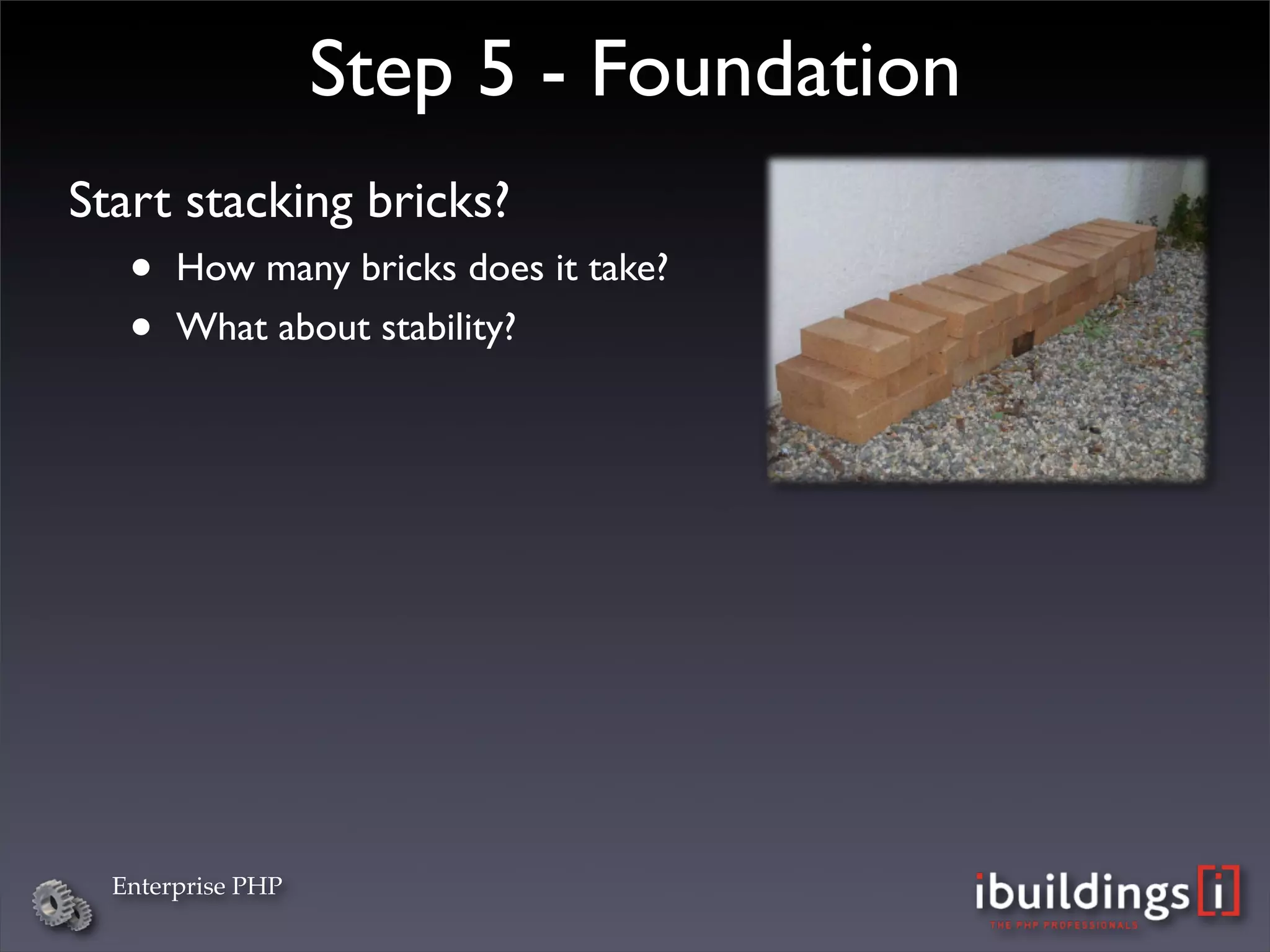 Step 5 - Foundation
Start stacking bricks?
   •   How many bricks does it take?
   •   What about stability?




  Enterprise PHP
 