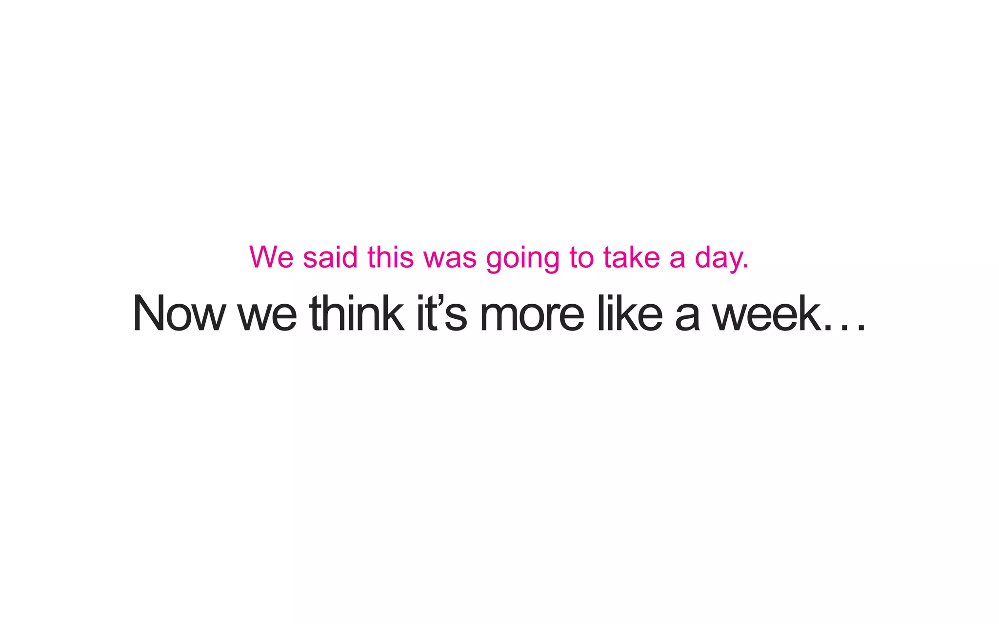 Now we think it’s more like a week… We said this was going to take a day. 