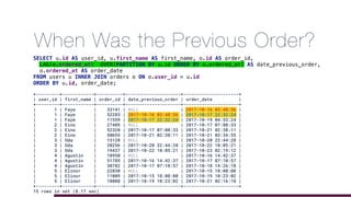 +---------+------------+----------+---------------------+---------------------+
| user_id | first_name | order_id | date_previous_order | order_date |
+---------+------------+----------+---------------------+---------------------+
| 1 | Faye | 33141 | NULL | 2017-10-16 03:48:56 |
| 1 | Faye | 52283 | 2017-10-16 03:48:56 | 2017-10-17 22:32:24 |
| 1 | Faye | 11559 | 2017-10-17 22:32:24 | 2017-10-19 04:53:24 |
| 2 | Eino | 27405 | NULL | 2017-10-17 07:08:33 |
| 2 | Eino | 52328 | 2017-10-17 07:08:33 | 2017-10-21 02:38:11 |
| 2 | Eino | 50655 | 2017-10-21 02:38:11 | 2017-10-21 03:34:55 |
| 3 | Oda | 15128 | NULL | 2017-10-20 22:44:28 |
| 3 | Oda | 20256 | 2017-10-20 22:44:28 | 2017-10-22 18:05:21 |
| 3 | Oda | 19437 | 2017-10-22 18:05:21 | 2017-10-23 02:19:12 |
| 4 | Agustin | 18950 | NULL | 2017-10-16 14:42:37 |
| 4 | Agustin | 51785 | 2017-10-16 14:42:37 | 2017-10-17 07:10:57 |
| 4 | Agustin | 30782 | 2017-10-17 07:10:57 | 2017-10-18 14:26:18 |
| 5 | Elinor | 22830 | NULL | 2017-10-15 18:08:08 |
| 5 | Elinor | 11009 | 2017-10-15 18:08:08 | 2017-10-19 10:23:02 |
| 5 | Elinor | 18088 | 2017-10-19 10:23:02 | 2017-10-21 02:16:18 |
+---------+------------+----------+---------------------+---------------------+
15 rows in set (0.17 sec)
SELECT u.id AS user_id, u.first_name AS first_name, o.id AS order_id,
LAG(o.ordered_at) OVER(PARTITION BY u.id ORDER BY o.ordered_at) AS date_previous_order,
o.ordered_at AS order_date
FROM users u INNER JOIN orders o ON o.user_id = u.id
ORDER BY u.id, order_date;
When Was the Previous Order?
 