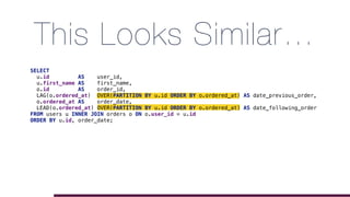 This Looks Similar…
SELECT
u.id AS user_id,
u.first_name AS first_name,
o.id AS order_id,
LAG(o.ordered_at) OVER(PARTITION BY u.id ORDER BY o.ordered_at) AS date_previous_order,
o.ordered_at AS order_date,
LEAD(o.ordered_at) OVER(PARTITION BY u.id ORDER BY o.ordered_at) AS date_following_order
FROM users u INNER JOIN orders o ON o.user_id = u.id
ORDER BY u.id, order_date;
 