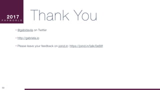 Thank You
• @gabidavila on Twitter
• http://gabriela.io
• Please leave your feedback on joind.in: https://joind.in/talk/0e88f
69
2017

P H P W O R L D
 