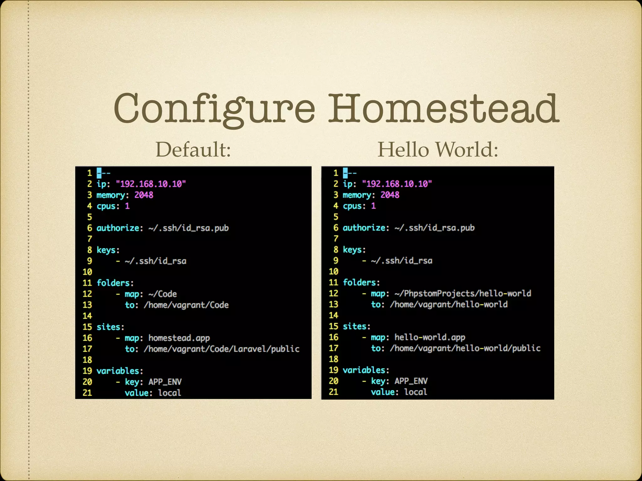 Configure Homestead Default: Hello World: