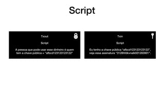 Script
Txout
Script
A pessoa que pode usar esse dinheiro é quem
tem a chave pública = “afbcd123123123122"
Txin
Script
Eu tenho a chave pública “afbcd123123123122”,
veja essa assinatura “3128hfdkvnalk931283901".
 