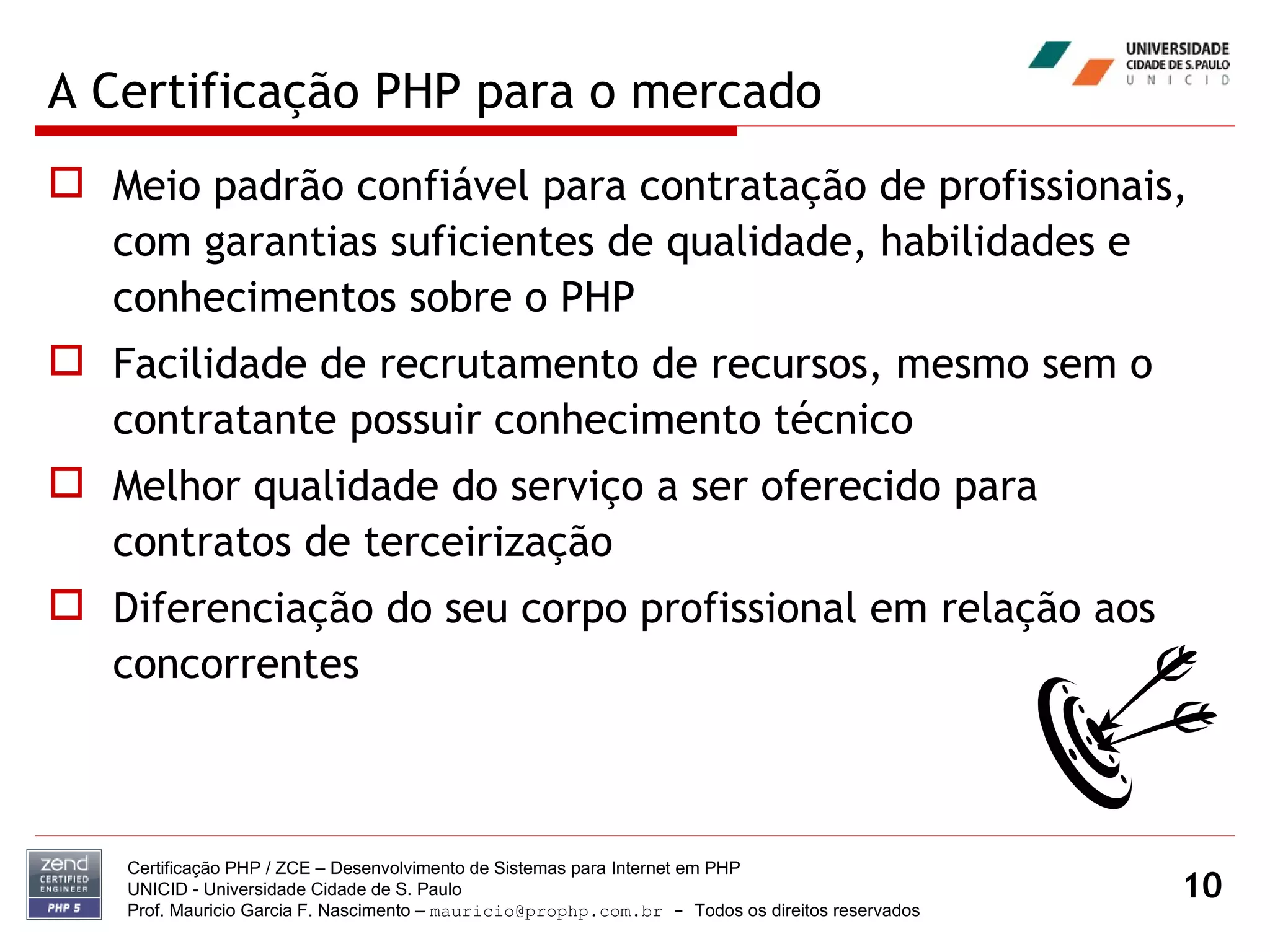 A Certificação PHP para o mercado Meio padrão confiável para contratação de profissionais, com garantias suficientes de qualidade, habilidades e conhecimentos sobre o PHP Facilidade de recrutamento de recursos, mesmo sem o contratante possuir conhecimento técnico Melhor qualidade do serviço a ser oferecido para contratos de terceirização Diferenciação do seu corpo profissional em relação aos concorrentes Certificação PHP / ZCE – Desenvolvimento de Sistemas para Internet em PHP UNICID -  Universidade Cidade de S. Paulo Prof. Mauricio Garcia F. Nascimento –  [email_address]  -  Todos os direitos reservados 