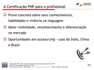 A Certificação PHP para o profissional Prova concreta sobre seus conhecimentos, habilidades e vivência na linguagem Maior visibilidade, reconhecimento e diferenciação no mercado Oportunidades em  outsourcing -  caso da Índia, China e Brasil Certificação PHP / ZCE – Desenvolvimento de Sistemas para Internet em PHP UNICID -  Universidade Cidade de S. Paulo Prof. Mauricio Garcia F. Nascimento –  [email_address]  -  Todos os direitos reservados 