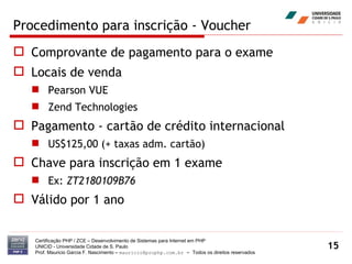 Procedimento para inscrição - Voucher Comprovante de pagamento para o exame Locais de venda Pearson VUE Zend Technologies Pagamento - cartão de crédito internacional US$125,00 (+ taxas adm. cartão) Chave para inscrição em 1 exame Ex:  ZT2180109B76 Válido por 1 ano Certificação PHP / ZCE – Desenvolvimento de Sistemas para Internet em PHP UNICID -  Universidade Cidade de S. Paulo Prof. Mauricio Garcia F. Nascimento –  [email_address]  -  Todos os direitos reservados 