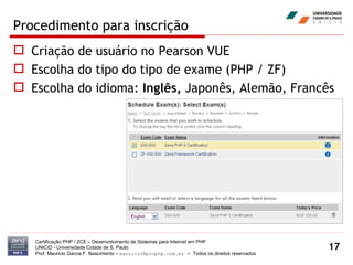 Procedimento para inscrição Criação de usuário no Pearson VUE Escolha do tipo do tipo de exame (PHP / ZF) Escolha do idioma:  Inglês,  Japonês, Alemão, Francês Certificação PHP / ZCE – Desenvolvimento de Sistemas para Internet em PHP UNICID -  Universidade Cidade de S. Paulo Prof. Mauricio Garcia F. Nascimento –  [email_address]  -  Todos os direitos reservados 