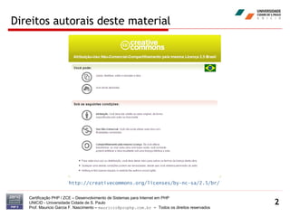 Direitos autorais deste material Certificação PHP / ZCE – Desenvolvimento de Sistemas para Internet em PHP UNICID -  Universidade Cidade de S. Paulo Prof. Mauricio Garcia F. Nascimento –  [email_address]  -  Todos os direitos reservados http://creativecommons.org/licenses/by-nc-sa/2.5/br/ 