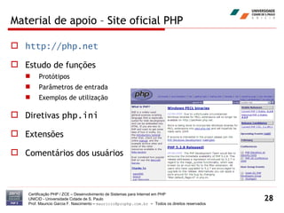 Material de apoio – Site oficial PHP http://php.net Estudo de funções Protótipos Parâmetros de entrada Exemplos de utilização Diretivas  php.ini Extensões Comentários dos usuários Certificação PHP / ZCE – Desenvolvimento de Sistemas para Internet em PHP UNICID -  Universidade Cidade de S. Paulo Prof. Mauricio Garcia F. Nascimento –  [email_address]  -  Todos os direitos reservados 