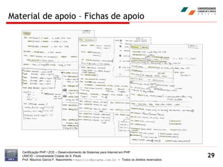 Material de apoio – Fichas de apoio Certificação PHP / ZCE – Desenvolvimento de Sistemas para Internet em PHP UNICID -  Universidade Cidade de S. Paulo Prof. Mauricio Garcia F. Nascimento –  [email_address]  -  Todos os direitos reservados 