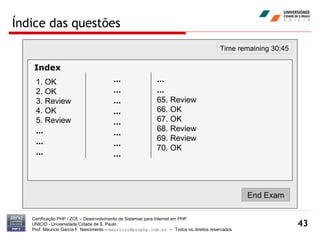 Índice das questões Certificação PHP / ZCE – Desenvolvimento de Sistemas para Internet em PHP UNICID -  Universidade Cidade de S. Paulo Prof. Mauricio Garcia F. Nascimento –  [email_address]  -  Todos os direitos reservados End Exam Time remaining 30:45 Index   1. OK 2. OK 3. Review 4. OK 5. Review ... ... ... ... ... ... ... ... ... ... ... ... ... 65. Review 66. OK 67. OK 68. Review 69. Review 70. OK 